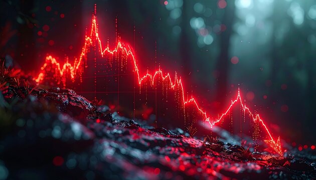 A vibrant red graph plunges sharply over textured, dark terrain against a blurred forest backdrop