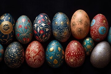 row of hand-painted decorative eggs with intricate gold floral and geometric patterns in rich jewel tones on a dark background, evoking an elegant festive celebration