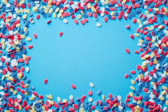 bright blue background framed by scattered colorful sugar-coated candies and gummies, playful festive confetti border with empty center
