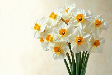 Fototapeta premium Bright bouquet of white daffodils with vivid orange-yellow centers and long green stems against a soft pale background, evoking a fresh cheerful spring mood