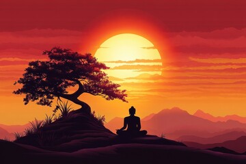 person meditating in silhouette beneath a twisted windswept tree on a rocky hill at sunset with a glowing sun and layered mountain silhouettes, evoking peaceful calm