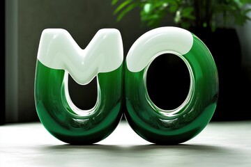 playful glossy green and white three-dimensional letter sculpture shaped like m and o on a light tabletop with soft reflections and a blurred potted plant, calm modern mood