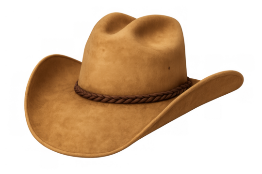 Brown suede cowboy hat with braided band, representing western culture, adventure, and the spirit of the wild west