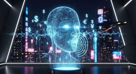 Futuristic technology displaying a head connected to the financial markets network