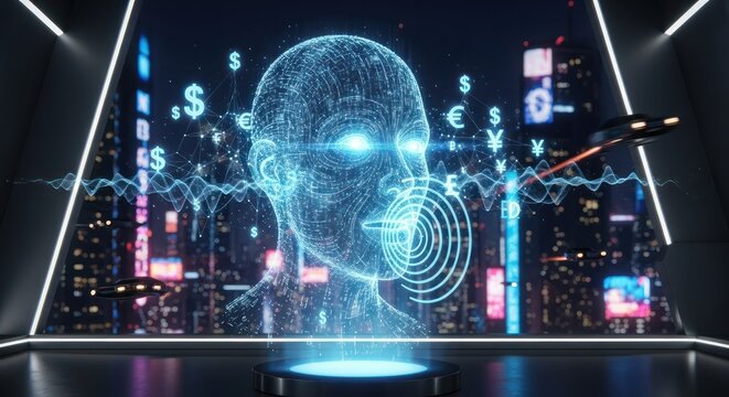 Futuristic technology displaying a head connected to the financial markets network - Powered by Adobe
