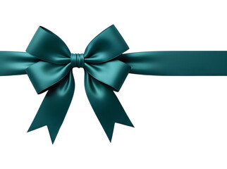 Luxurious teal satin gift bow and horizontal ribbon isolated for holiday design and decoration. isolated PNG with Transparent Background