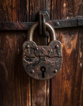 A weathered padlock hangs on aged, vertical wooden door, emphasizing age and security