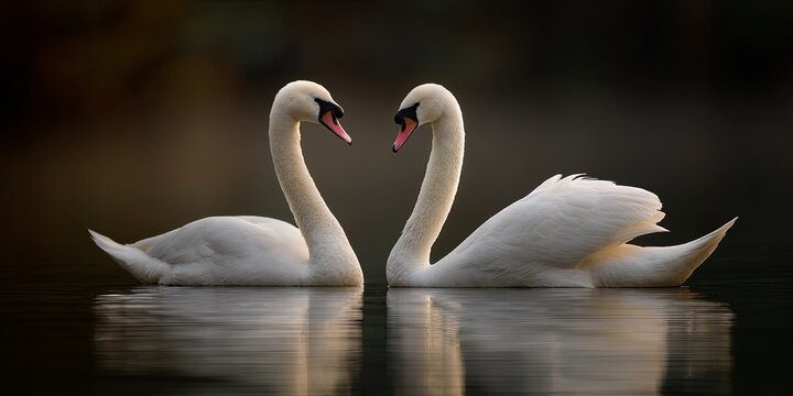 Elegant swans swimming gracefully together in serene waters, showcasing beauty and tranquility in a romantic setting ideal for nature lovers and wildlife enthusiasts