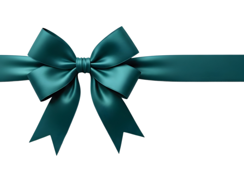 Luxurious teal satin gift bow and horizontal ribbon isolated for holiday design and decoration. isolated PNG with Transparent Background