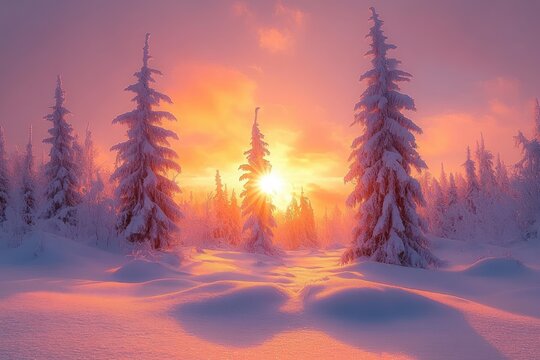 sunrise over a snowy forest with tall snow-laden evergreens and soft undulating snowdrifts, warm golden-pink light creating a serene and magical winter morning - Powered by Adobe