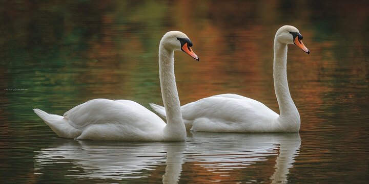 Elegant swans swimming gracefully together in serene waters, showcasing beauty and tranquility in a romantic setting ideal for nature lovers and wildlife enthusiasts