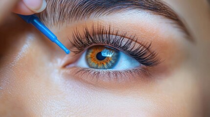 Close-up of a human eye with vibrant blue and amber iris as a blue-tipped applicator applies lash serum to long lashes, conveying gentle focused care