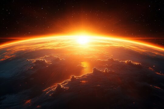 Sunrise over Earth's curved horizon with glowing orange atmosphere, illuminated cloud tops and distant stars, a breathtaking scene of awe and hopeful dawn - Powered by Adobe