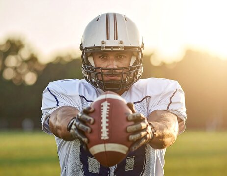 A focused football player in full gear, helmet, pads, and all, directly holding a brown ball towards the viewer under a sunset glow - Powered by Adobe
