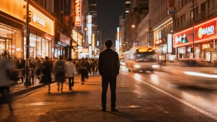 Time lapse of man standing still in busy city night street crowd - Powered by Adobe
