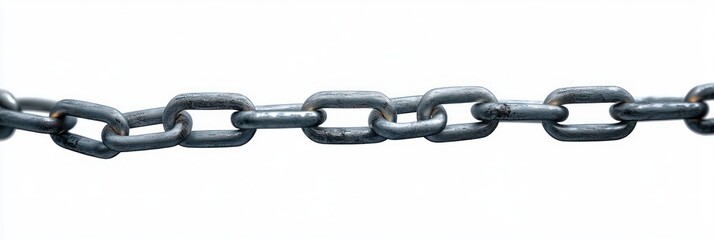 weathered metal chain links connected in a horizontal line on a white background conveying strength, connection and resilience