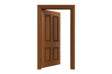 A beautifully crafted wooden door slightly ajar. its intricate panel design and polished brass handle. set against a minimalist white background. evoking a sense of invitation and warmth