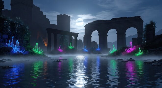 Mystical moonlit waters reflecting ruins and bioluminescent flora in a fantasy landscape