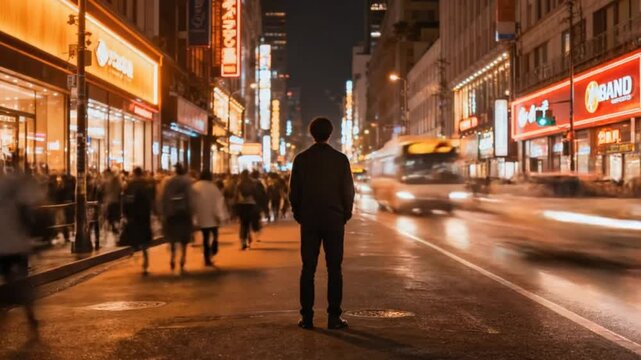Time lapse of man standing still in busy city night street crowd