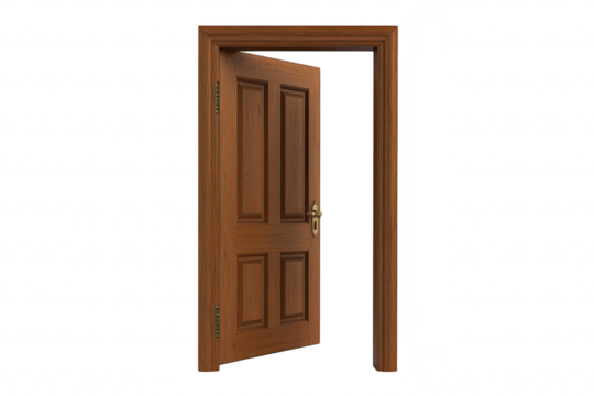 A beautifully crafted wooden door slightly ajar. its intricate panel design and polished brass handle. set against a minimalist white background. evoking a sense of invitation and warmth
