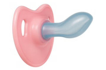 Pink pacifier with a blue nipple for a newborn, featuring essential childcare equipment on a transparent background
