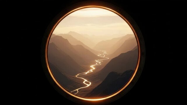 View from a round window of a mountain valley with a glowing river at sunrise. Abstract futuristic landscape concept for travel, discovery or spiritual journey themes