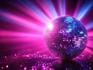 Obraz premium Sparkling mirrored disco ball on reflective floor with radiant pink and blue light beams and scattered glitter, evoking a vibrant energetic party atmosphere