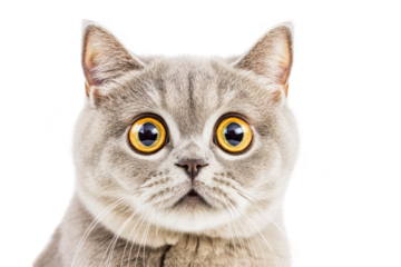 A close-up portrait of a surprised gray cat with large yellow eyes. its expressive face against a clean white background. ideal for pet-related content or animal photography