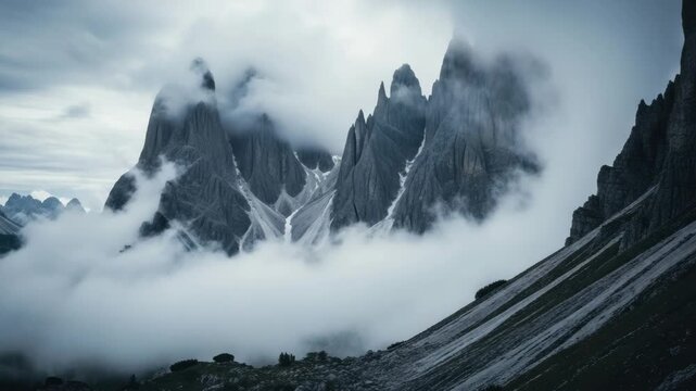 Cinematic time lapse of dramatic clouds moving over jagged mountain peaks in the alps. Moody and atmospheric panoramic landscape of the dolomites for an epic travel background