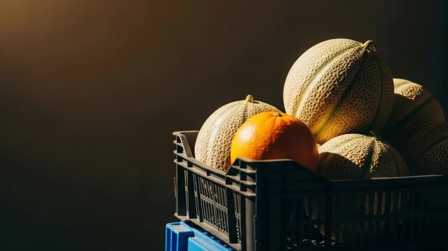 Fresh cantaloupe melons and vibrant oranges are neatly arranged in a dark plastic crate. Natural sunlight creates strong highlights on the healthy produce. Ideal for market displays