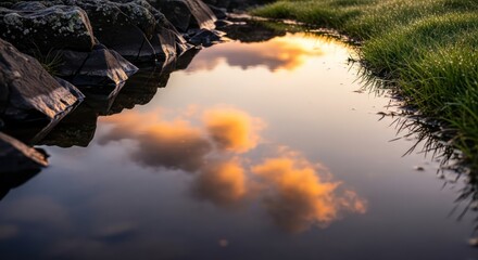 Tranquil reflection capturing the sunset sky in a serene pond surrounded by nature