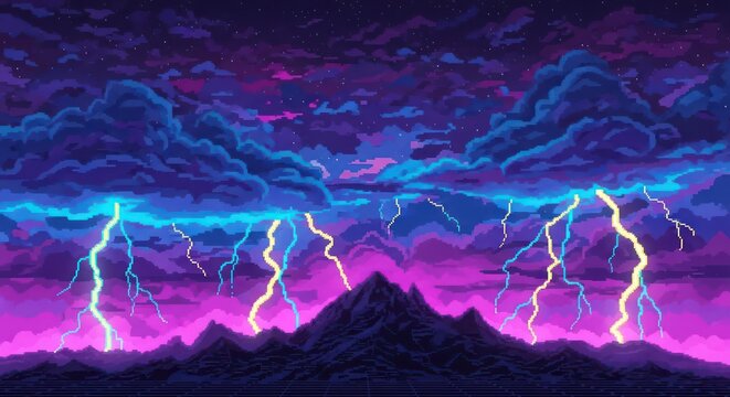 Pixelated stormscape with radiant lightning piercing through vaporwave skies