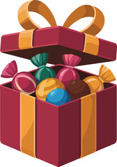Open gift box vector filled with assorted colorful candies and chocolates for celebration and holiday seasons