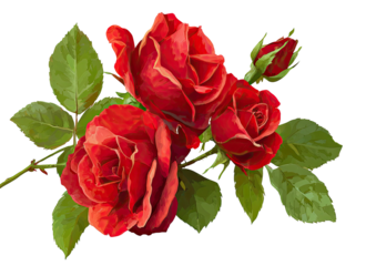 Trio of red roses with buds and leaves on black background