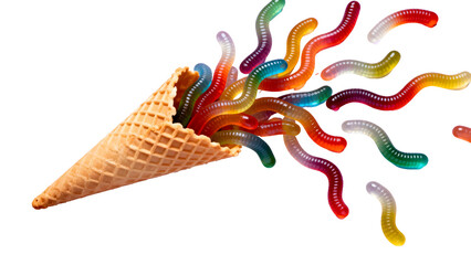 Waffle Ice Cream Cone Exploding with Colorful Gummy Worm Candy Isolated on White