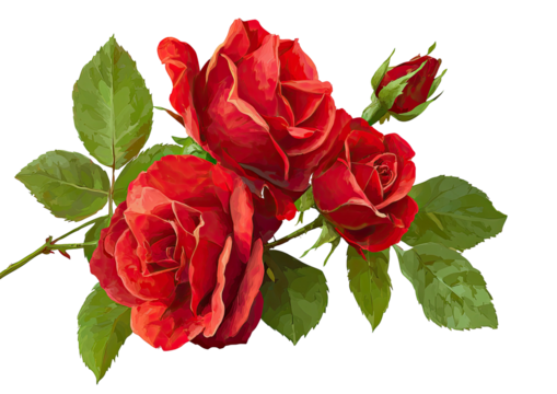 Trio of red roses with buds and leaves on black background - Powered by Adobe
