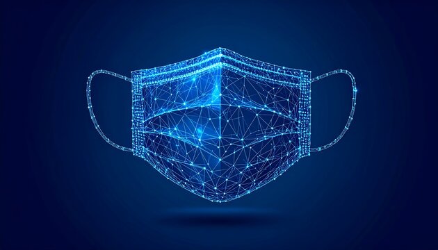 A luminous, polygonal depiction of a face mask glows against a dark blue background. The mask is constructed from interconnected dots