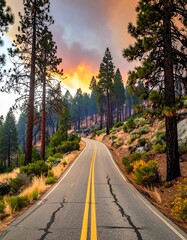 A winding road ascends through tall trees, with a sunset sky. Golden fields line the path, with rocks and shrubs