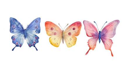 A watercolor illustration featuring three distinct butterflies. intricate details and bright colors. perfect for nature-themed projects or decor