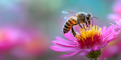 Honeybee Collecting Nectar from Vibrant Pink Flower in Nature s Garden During Sunny Day with Soft Colorful Background