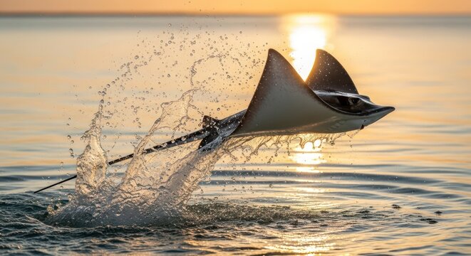 Majestic stingray leaps from the water during golden sunset creating stunning splash showcasing
