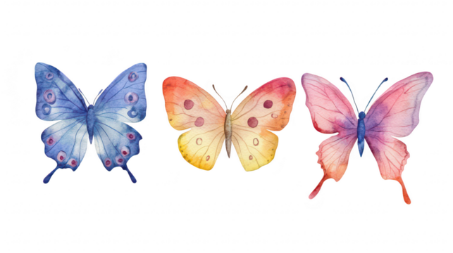 A watercolor illustration featuring three distinct butterflies. intricate details and bright colors. perfect for nature-themed projects or decor