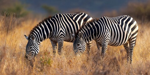 Obraz premium Two Zebras Grazing Together in the Savanna, Emphasizing Their Beautiful Stripes and Natural Habitat Under a Clear Sky