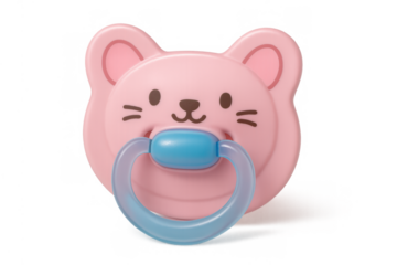 Pink baby pacifier with cat design, offering comfort and promoting a calm environment for infants, transparent background