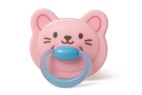 Pink baby pacifier with cat design, offering comfort and promoting a calm environment for infants, transparent background