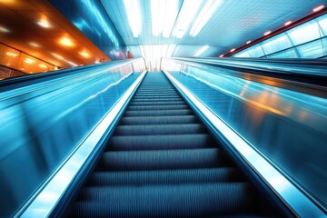 futuristic blue-lit escalator rising through a sleek modern transit interior with dramatic upward perspective and energetic motion