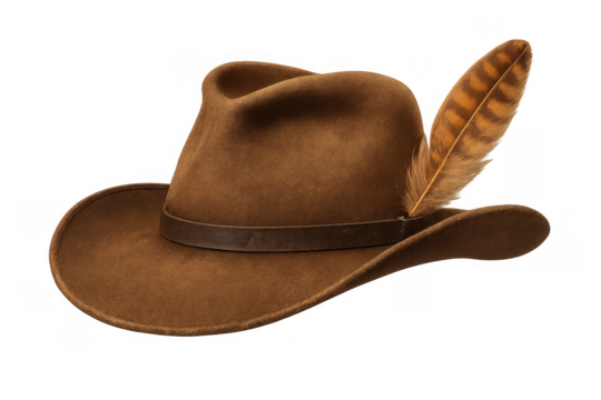Brown felt adventurer hat with leather band and feather for safari, exploration, trekking, or vintage fashion - Powered by Adobe