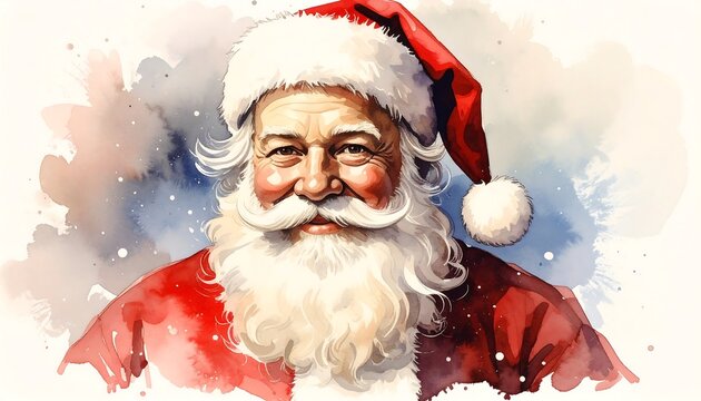 Watercolor depiction of a jolly man in red suit and cap