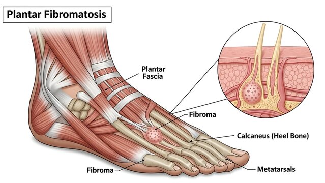 Detailed Medical Illustration of Plantar Fibromatosis in Human Foot with Anatomical Labels