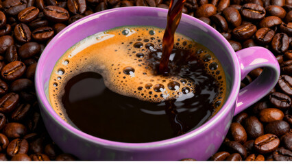  Close-up of Freshly Brewed Black Coffee Pouring into Purple Mug Surrounded by Roasted Beans
